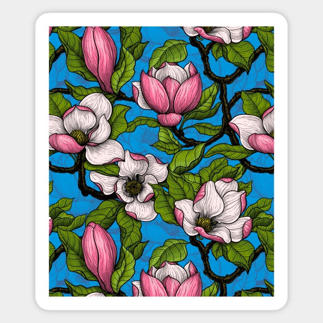 Blooming magnolia on blue Sticker by katerinamk